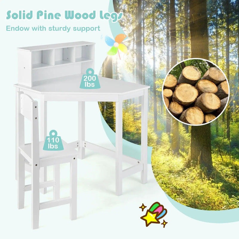 Kids Wooden Corner Desk and Chair Set with Hutch and Storage-White by DirectDeals