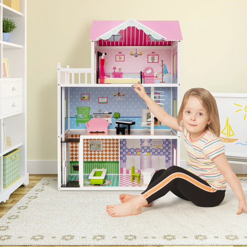 Wooden Dollhouse with Working Elevator and Rotatable Staircase-Pink by DirectDeals