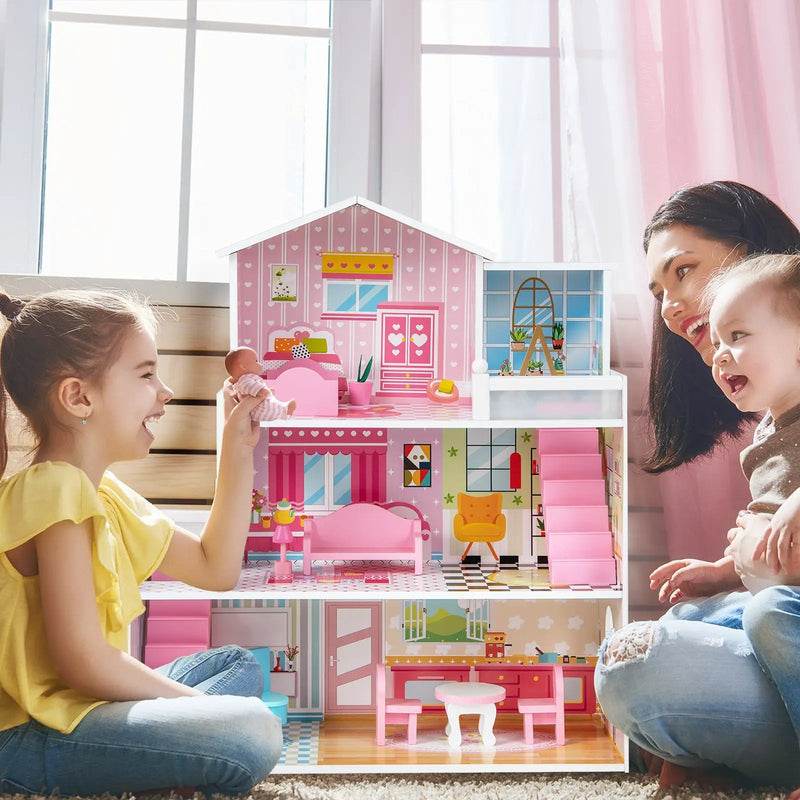 Kids Wooden Dollhouse Playset with 5 Simulated Rooms and 10 Pieces of Furniture-Pink by DirectDeals
