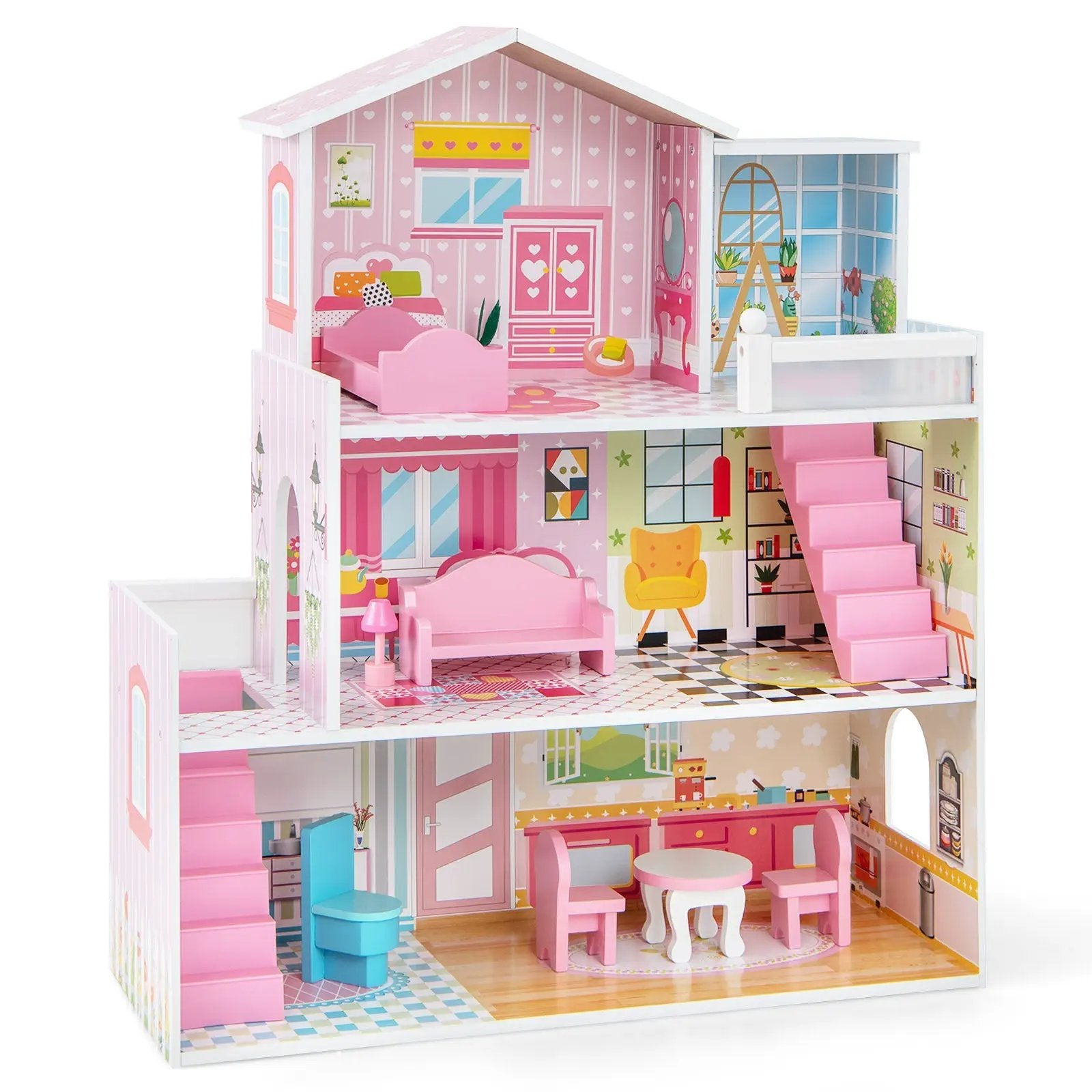 Kids Wooden Dollhouse Playset with 5 Simulated Rooms and 10 Pieces of Furniture-Pink by DirectDeals
