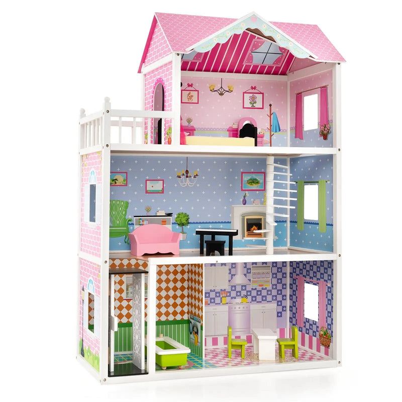 Wooden Dollhouse with Working Elevator and Rotatable Staircase-Pink by DirectDeals