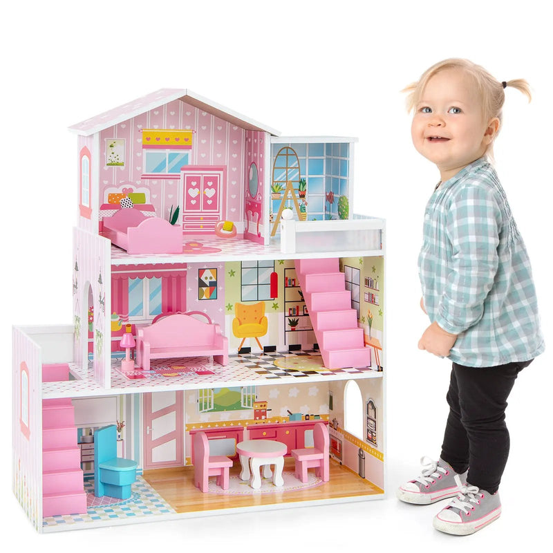 Kids Wooden Dollhouse Playset with 5 Simulated Rooms and 10 Pieces of Furniture-Pink by DirectDeals
