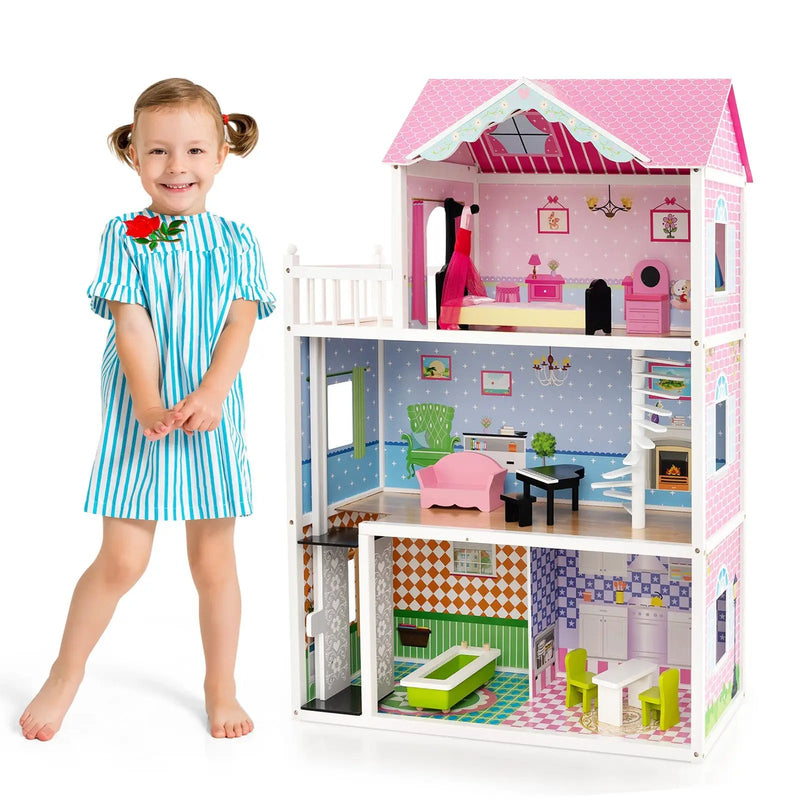 Wooden Dollhouse with Working Elevator and Rotatable Staircase-Pink by DirectDeals