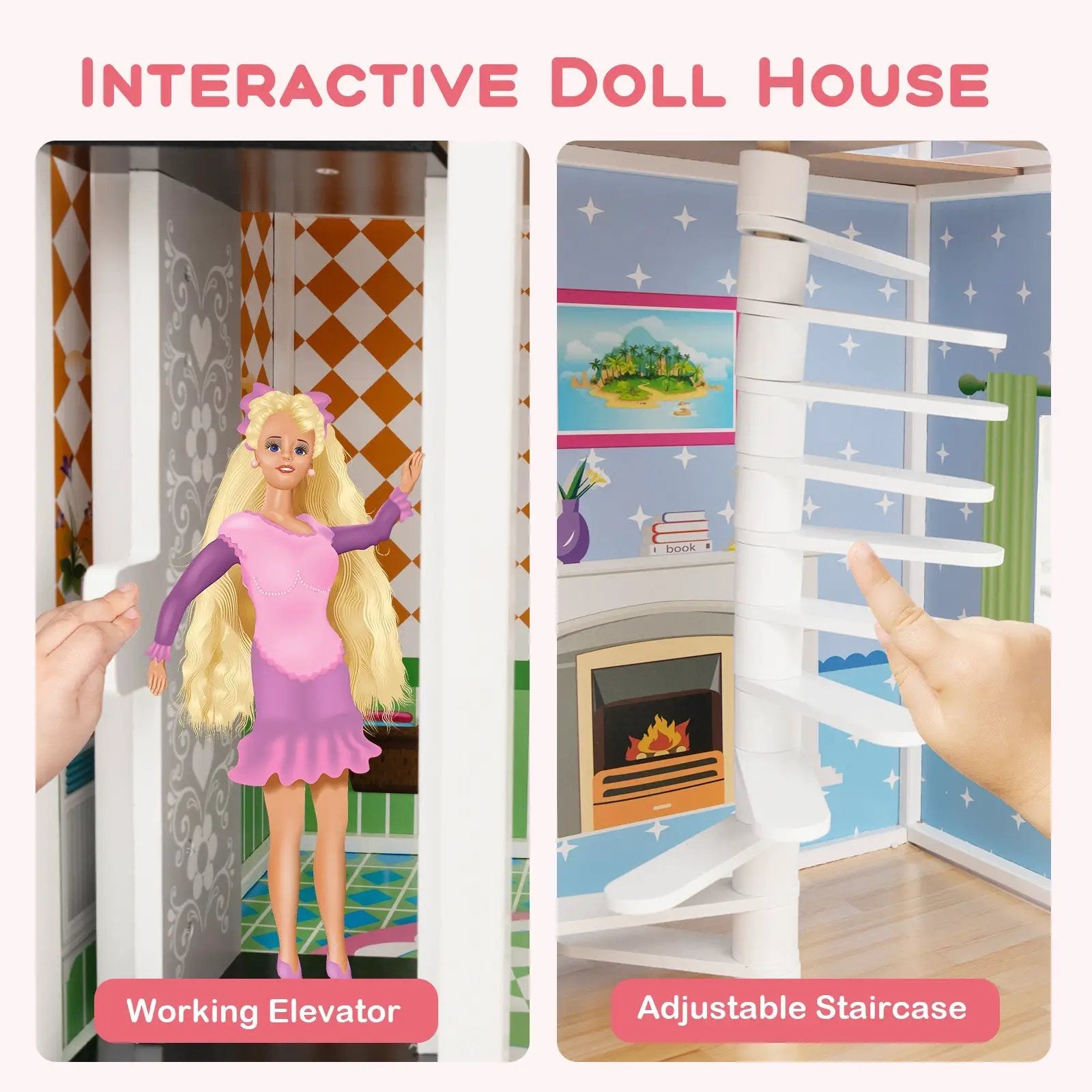 Wooden Dollhouse with Working Elevator and Rotatable Staircase-Pink by DirectDeals