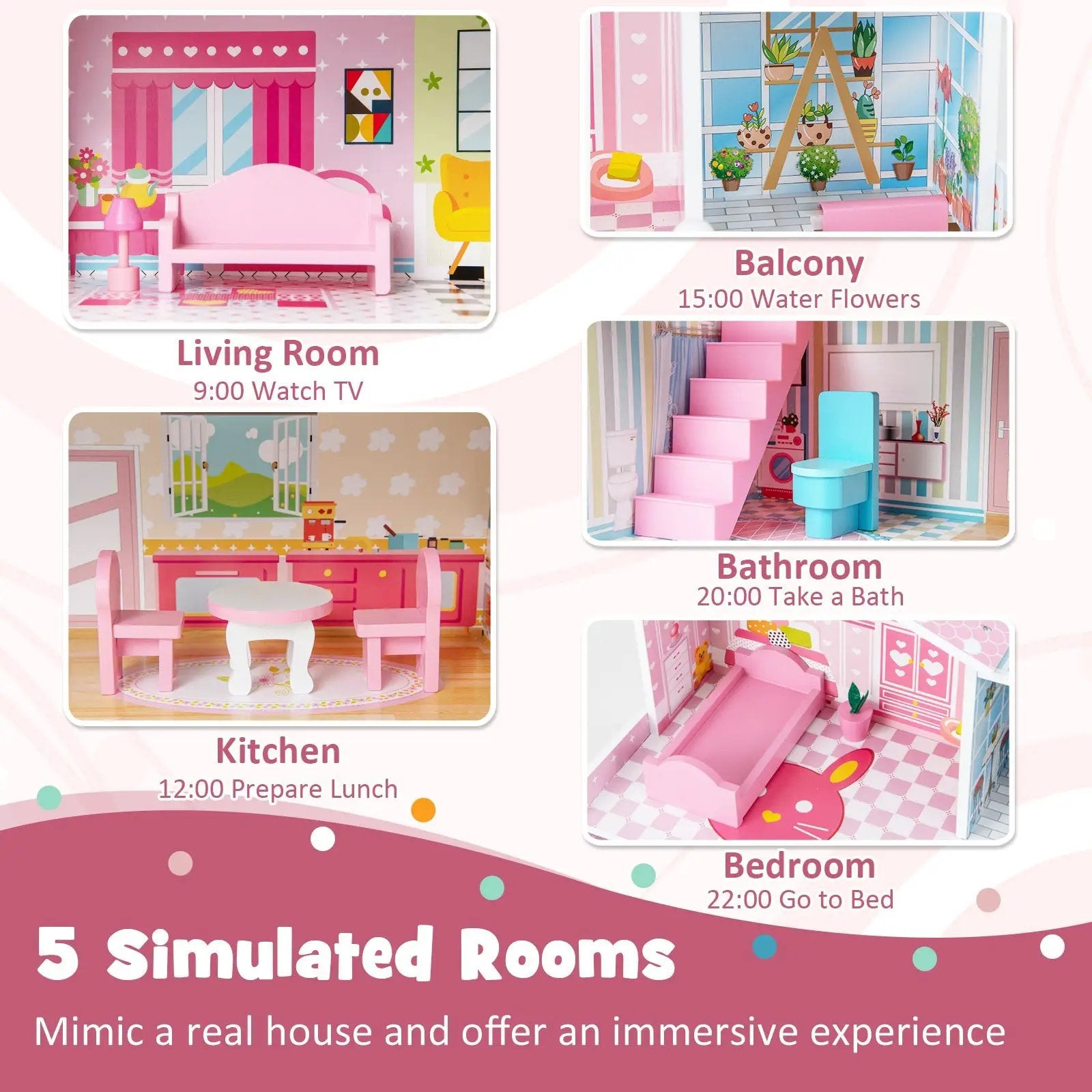 Kids Wooden Dollhouse Playset with 5 Simulated Rooms and 10 Pieces of Furniture-Pink by DirectDeals