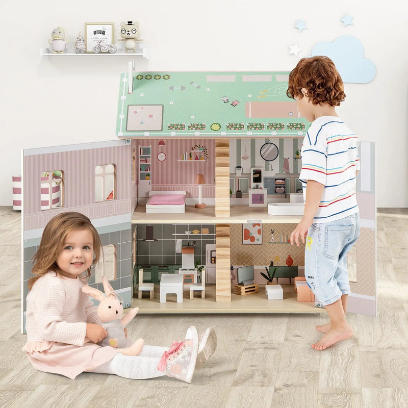 Kids Wooden Dollhouse 3 Level with Double-Sided Roofs and Doors-Pink by DirectDeals