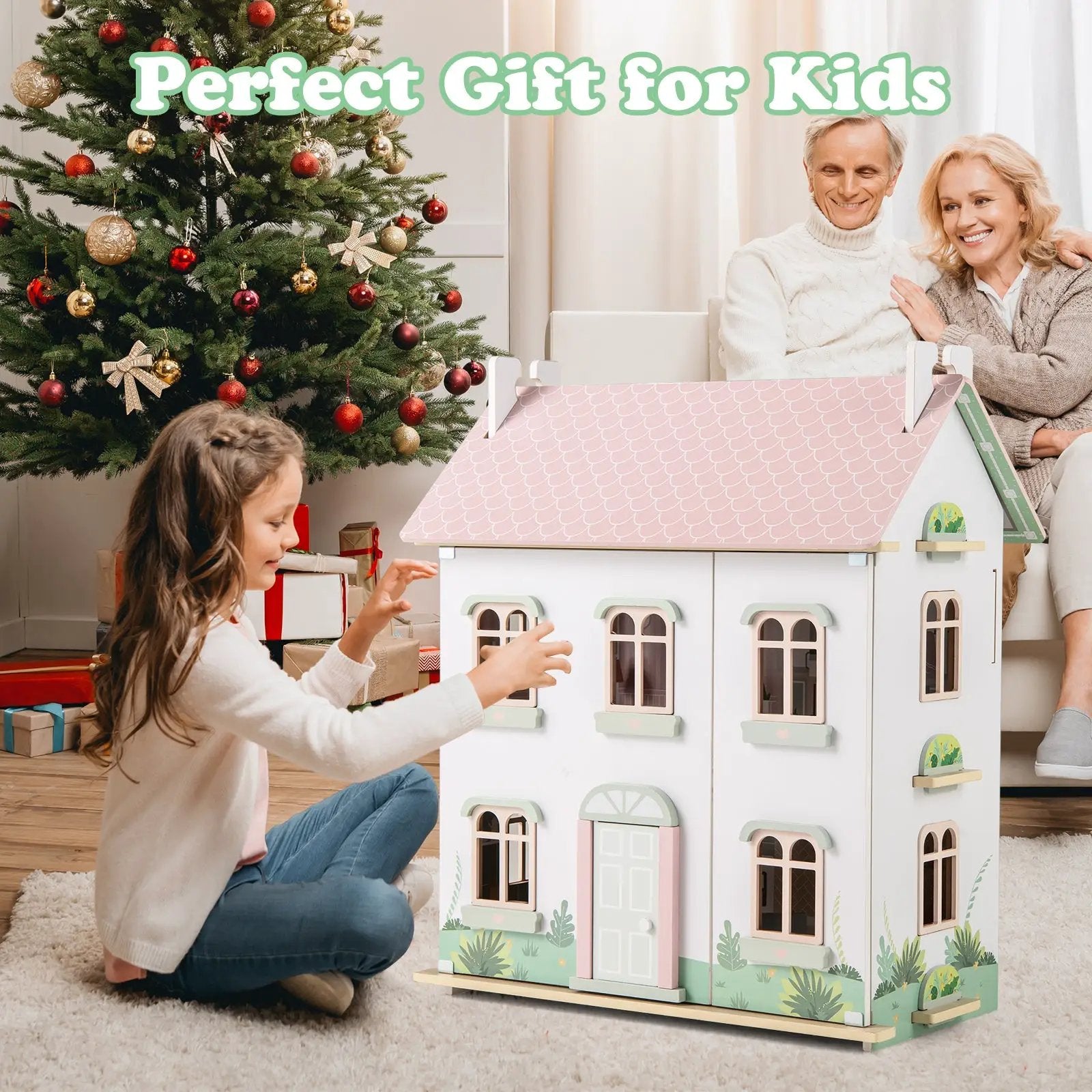 Kids Wooden Dollhouse 3 Level with Double-Sided Roofs and Doors-Pink by DirectDeals
