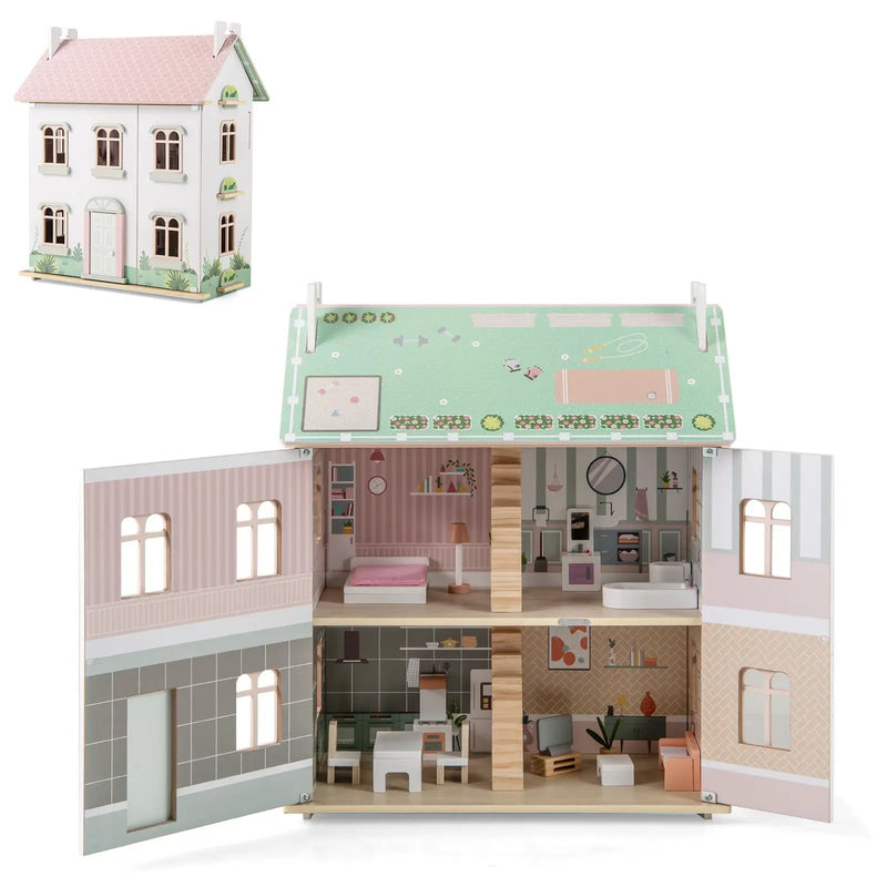 Kids Wooden Dollhouse 3 Level with Double-Sided Roofs and Doors-Pink by DirectDeals