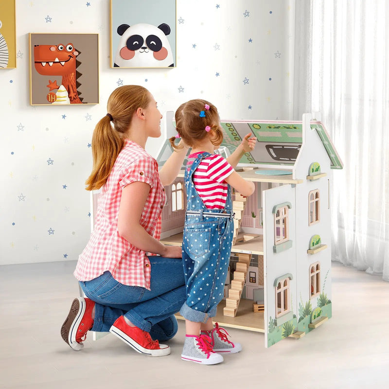 Kids Wooden Dollhouse 3 Level with Double-Sided Roofs and Doors-Pink by DirectDeals