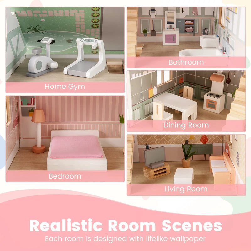 Kids Wooden Dollhouse 3 Level with Double-Sided Roofs and Doors-Pink by DirectDeals