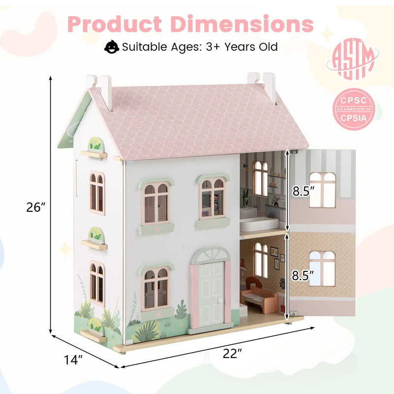 Kids Wooden Dollhouse 3 Level with Double-Sided Roofs and Doors-Pink by DirectDeals