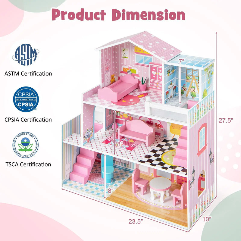 Kids Wooden Dollhouse Playset with 5 Simulated Rooms and 10 Pieces of Furniture-Pink by DirectDeals
