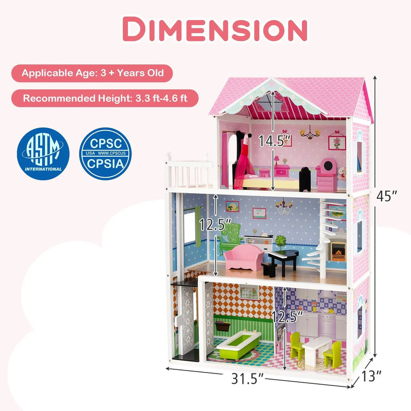 Wooden Dollhouse with Working Elevator and Rotatable Staircase-Pink by DirectDeals