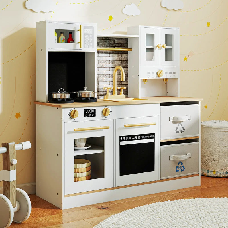 Kids Wooden Kitchen Playset with Stoves Sound Light for 3+ Years Old-White by DirectDeals