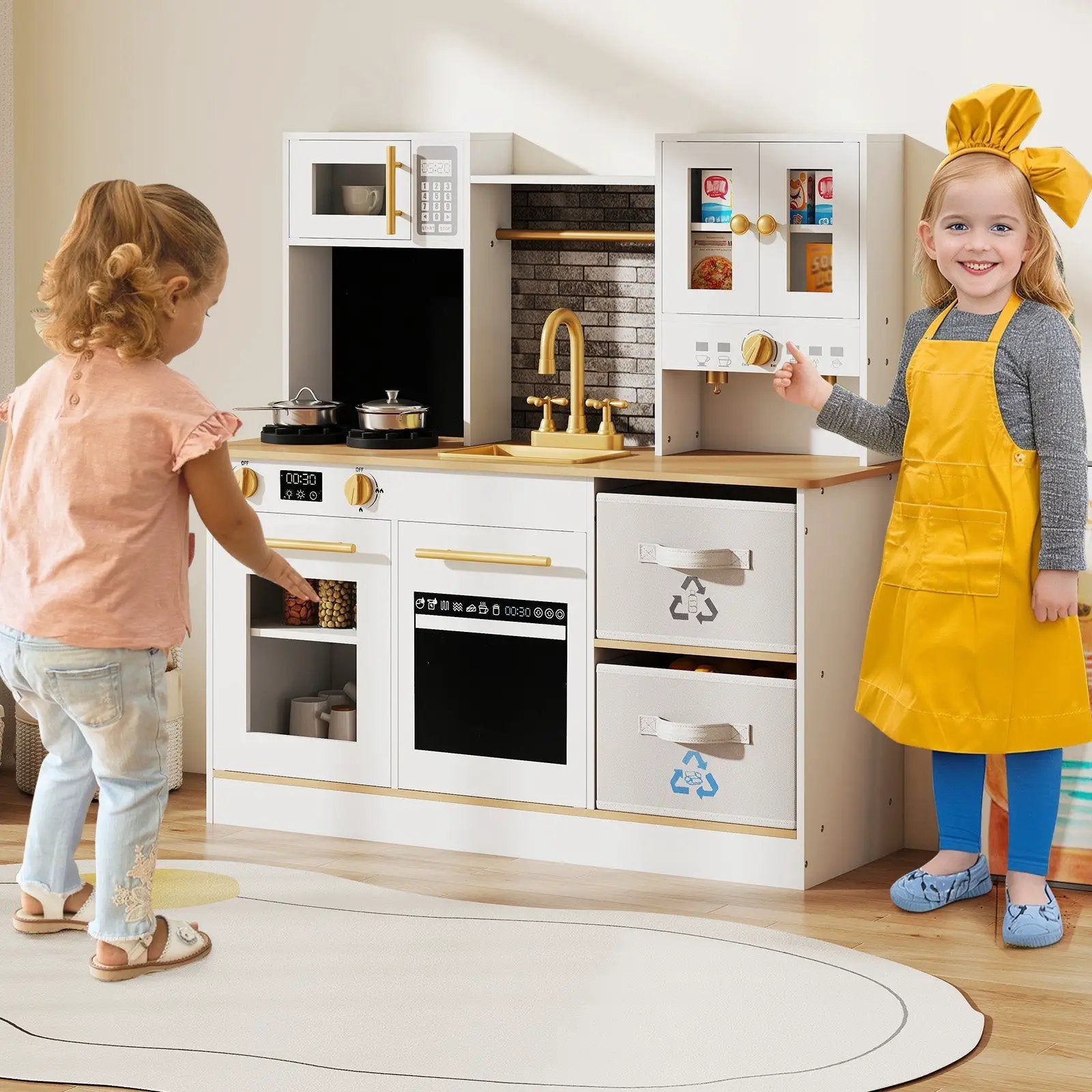 Kids Wooden Kitchen Playset with Stoves Sound Light for 3+ Years Old-White by DirectDeals