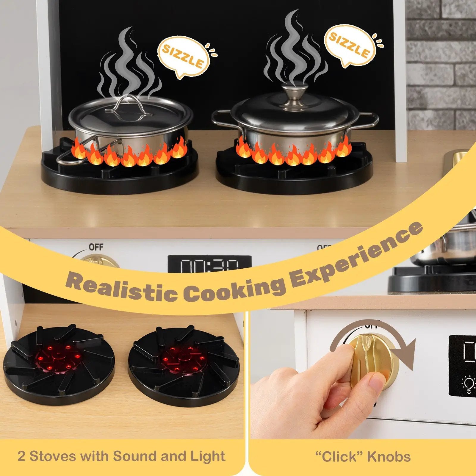 Kids Wooden Kitchen Playset with Stoves Sound Light for 3+ Years Old-White by DirectDeals