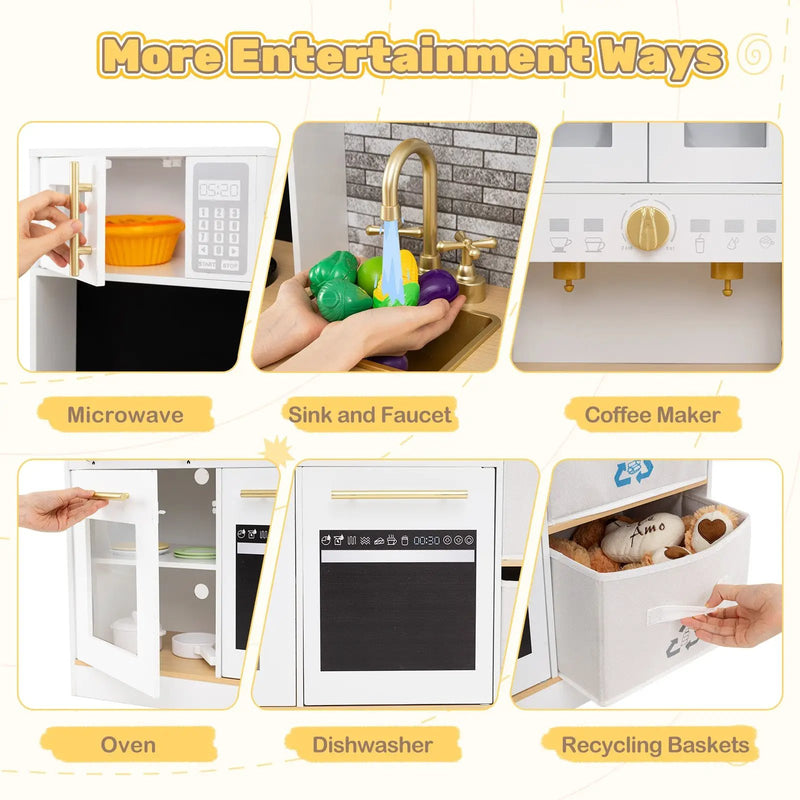 Kids Wooden Kitchen Playset with Stoves Sound Light for 3+ Years Old-White by DirectDeals