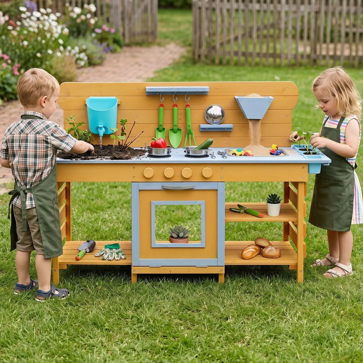 Wooden Mud Kitchen with 2 Sinks and 4 Stoves by DirectDeals