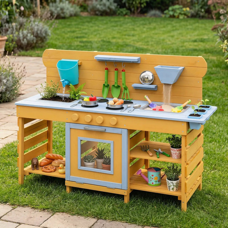 Wooden Mud Kitchen with 2 Sinks and 4 Stoves by DirectDeals