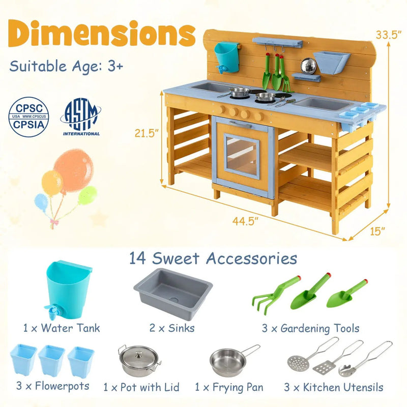 Wooden Mud Kitchen with 2 Sinks and 4 Stoves by DirectDeals