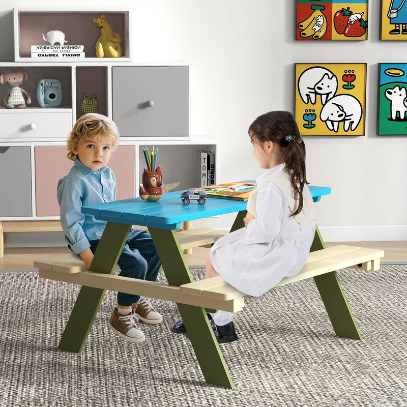 Kids Wooden Picnic Table Set Toddler Activity and Dining Table with Built-in Benches by DirectDeals