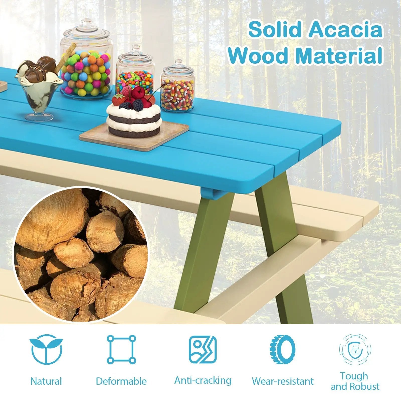 Kids Wooden Picnic Table Set Toddler Activity and Dining Table with Built-in Benches by DirectDeals