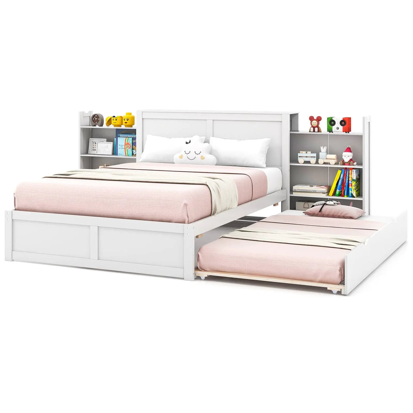 Twin/Full Kids Wooden Platform Bed with Trundle Storage Headboard by DirectDeals
