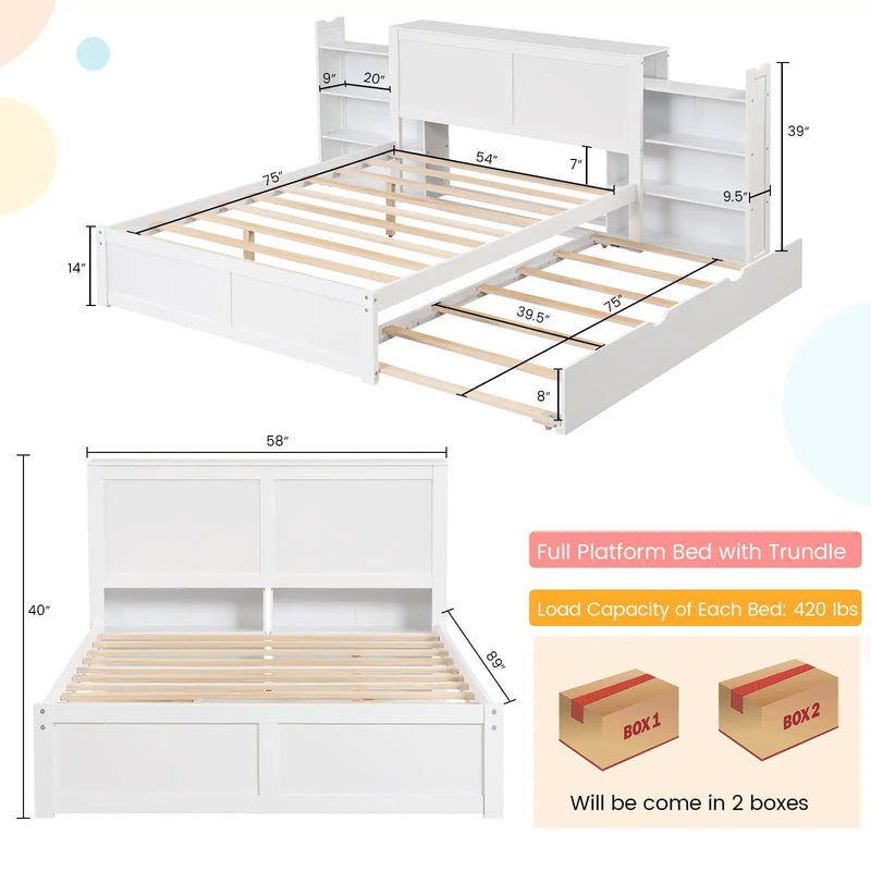 Twin/Full Kids Wooden Platform Bed with Trundle Storage Headboard by DirectDeals