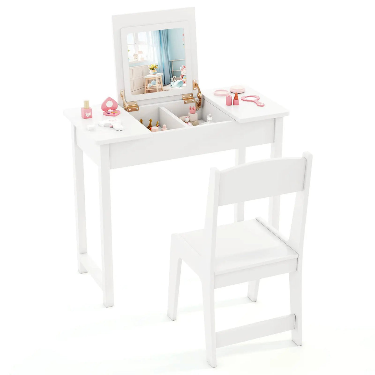 2-in-1 Kids Vanity Makeup Table and Chair Set with Flip Top Mirror by DirectDeals