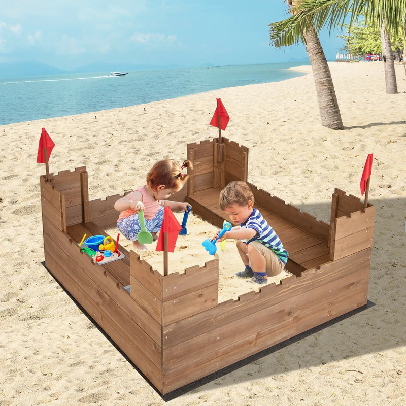 Kids Wooden Sandbox with Bottom Liner and Red Flags by DirectDeals
