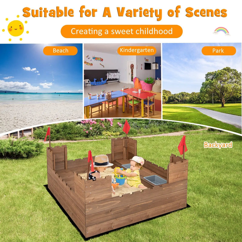 Kids Wooden Sandbox with Bottom Liner and Red Flags by DirectDeals