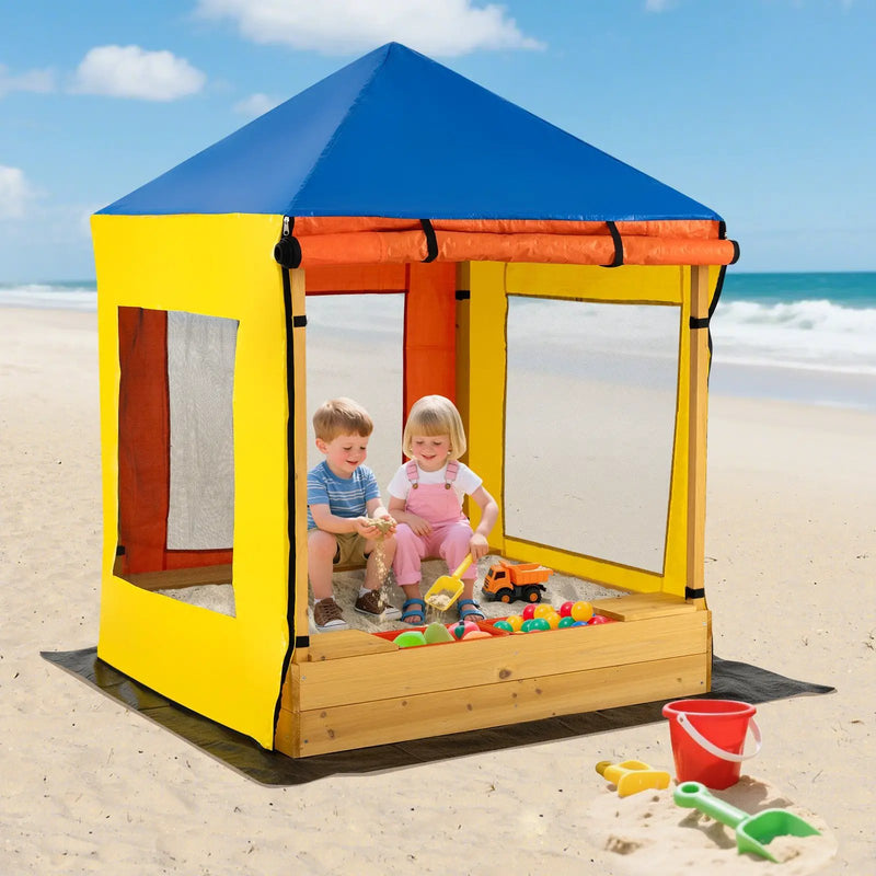 Kids Wooden Sandbox with Canopy Large Sand Pit with Mesh Windows and Bottom Liner-Multicolor by DirectDeals