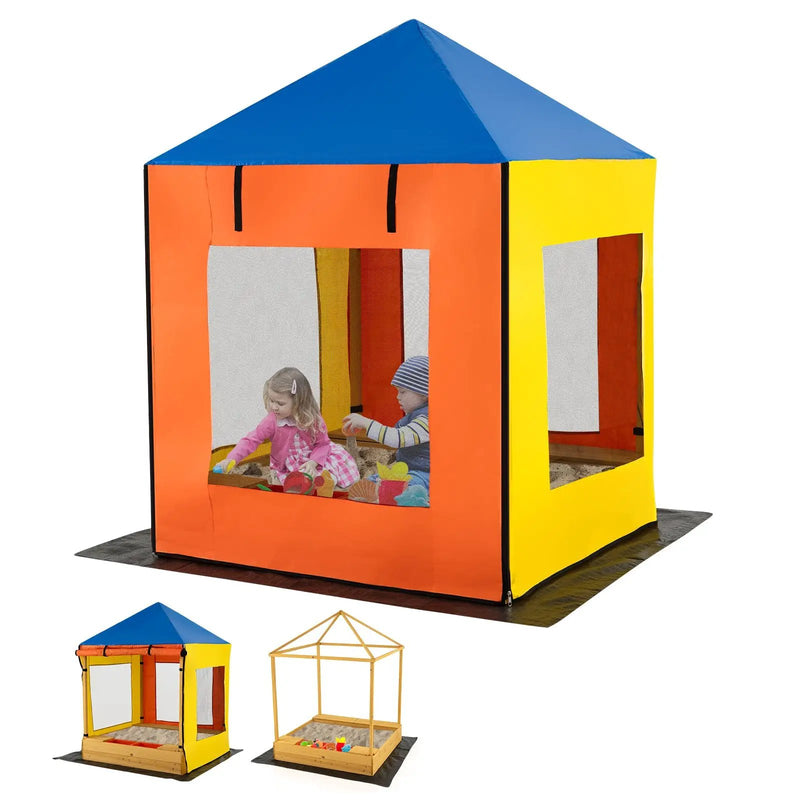 Kids Wooden Sandbox with Canopy Large Sand Pit with Mesh Windows and Bottom Liner-Multicolor by DirectDeals