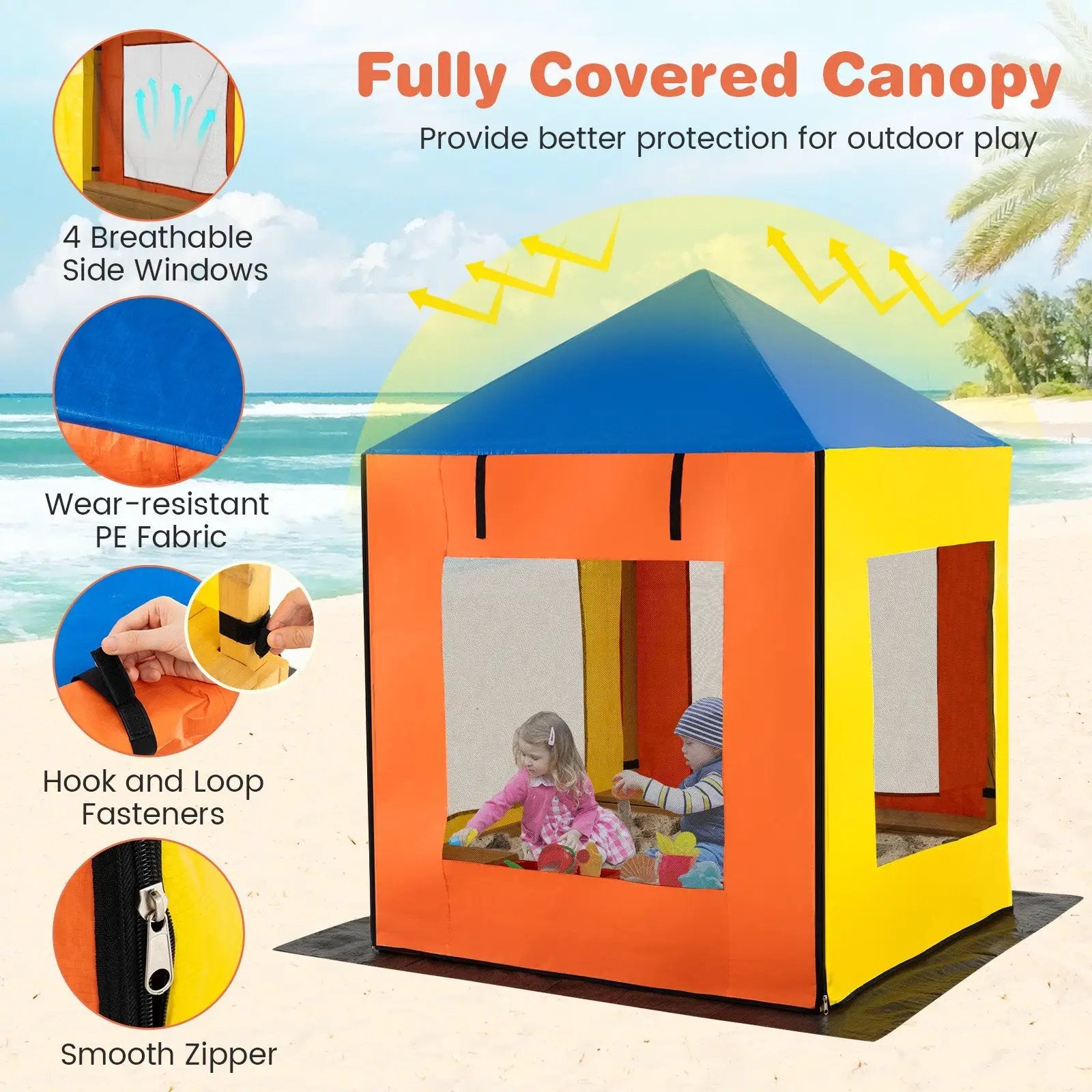 Kids Wooden Sandbox with Canopy Large Sand Pit with Mesh Windows and Bottom Liner-Multicolor by DirectDeals