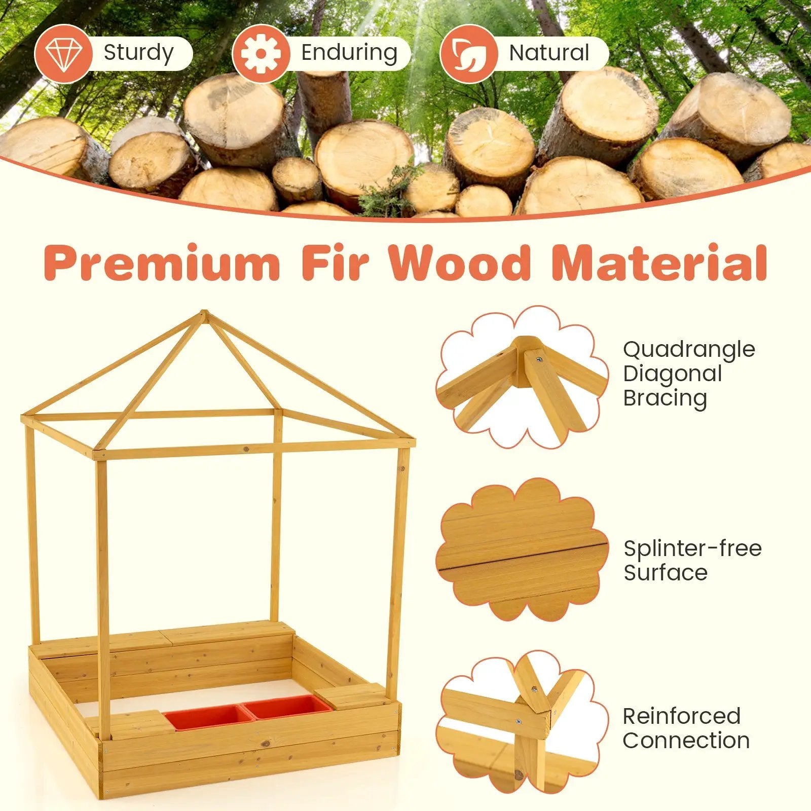 Kids Wooden Sandbox with Canopy Large Sand Pit with Mesh Windows and Bottom Liner-Multicolor by DirectDeals