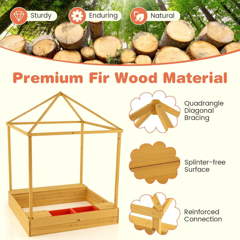 Kids Wooden Sandbox with Canopy Large Sand Pit with Mesh Windows and Bottom Liner-Multicolor by DirectDeals