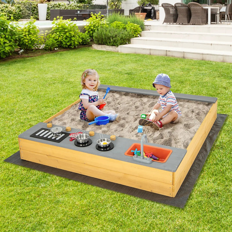 Wooden Sandbox Kids Sand Pit with Kitchen Playset Accessories for 3-8 Years Old by DirectDeals