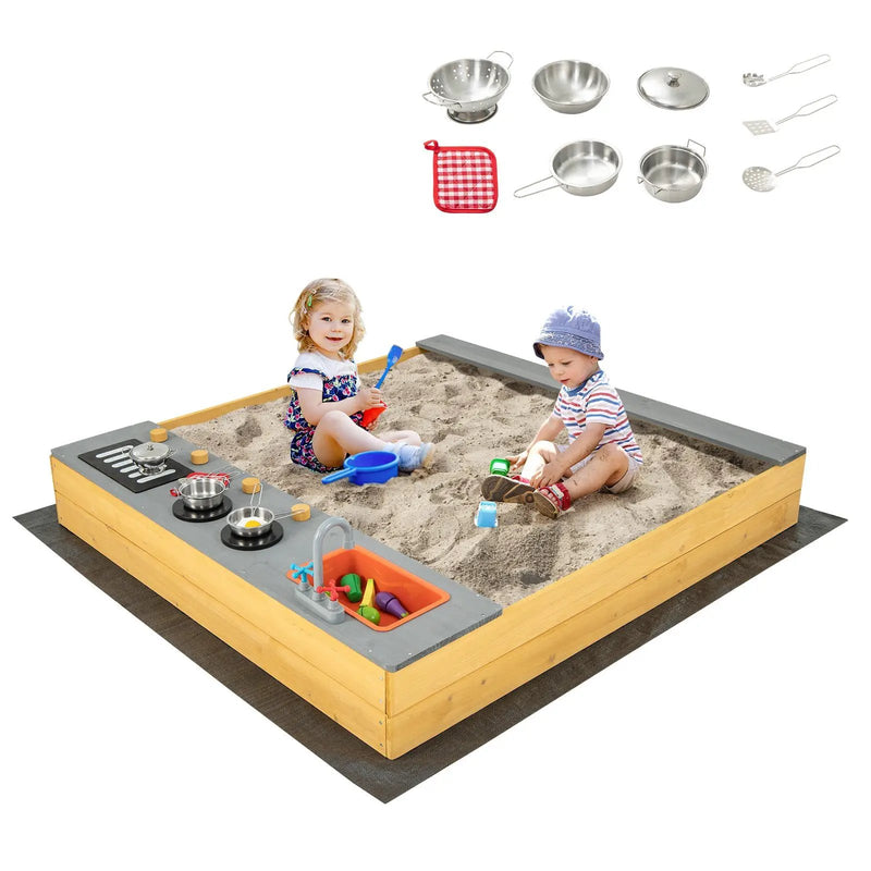 Wooden Sandbox Kids Sand Pit with Kitchen Playset Accessories for 3-8 Years Old by DirectDeals
