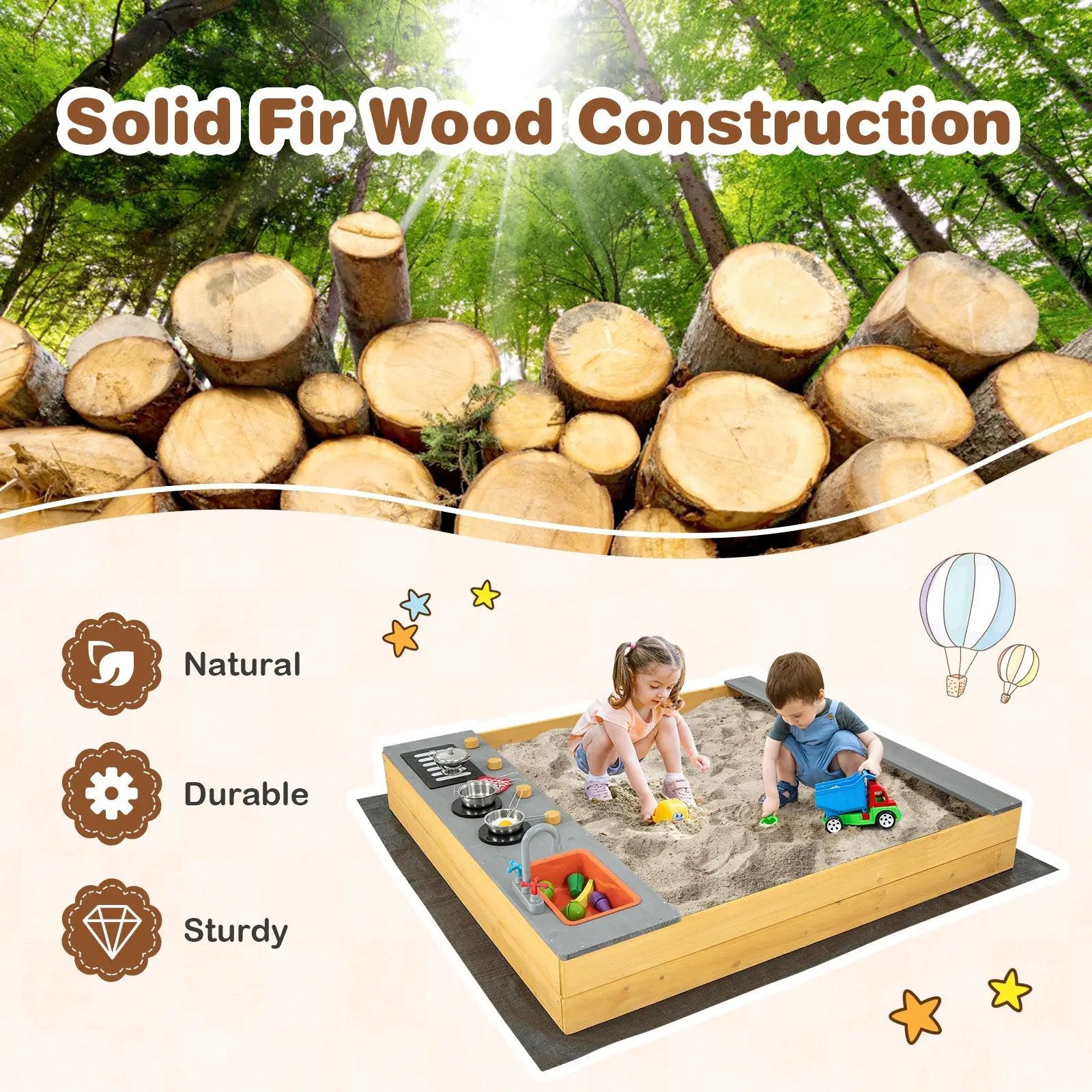 Wooden Sandbox Kids Sand Pit with Kitchen Playset Accessories for 3-8 Years Old by DirectDeals