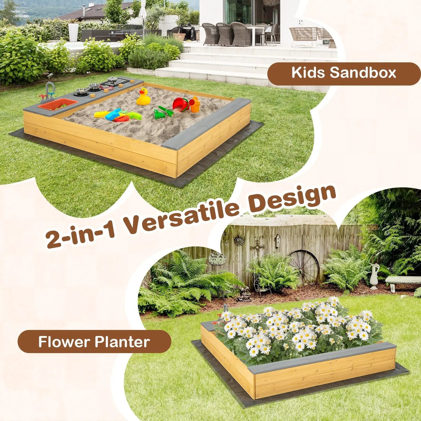 Wooden Sandbox Kids Sand Pit with Kitchen Playset Accessories for 3-8 Years Old by DirectDeals