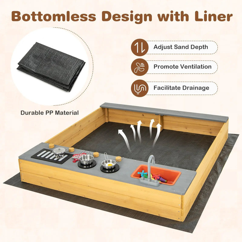 Wooden Sandbox Kids Sand Pit with Kitchen Playset Accessories for 3-8 Years Old by DirectDeals