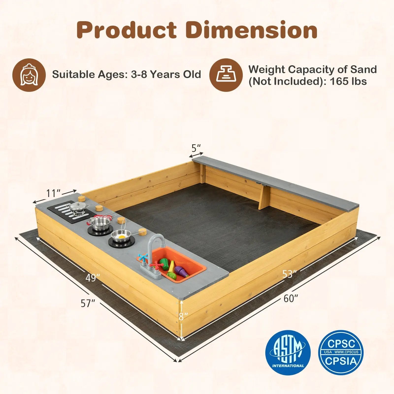 Wooden Sandbox Kids Sand Pit with Kitchen Playset Accessories for 3-8 Years Old by DirectDeals