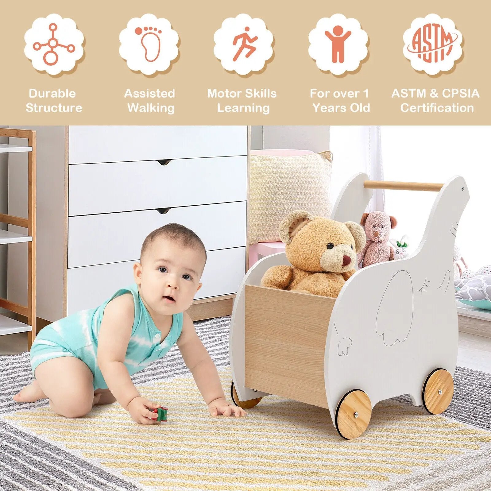 Kids Wooden Shopping Cart with Rubber Wheels by DirectDeals