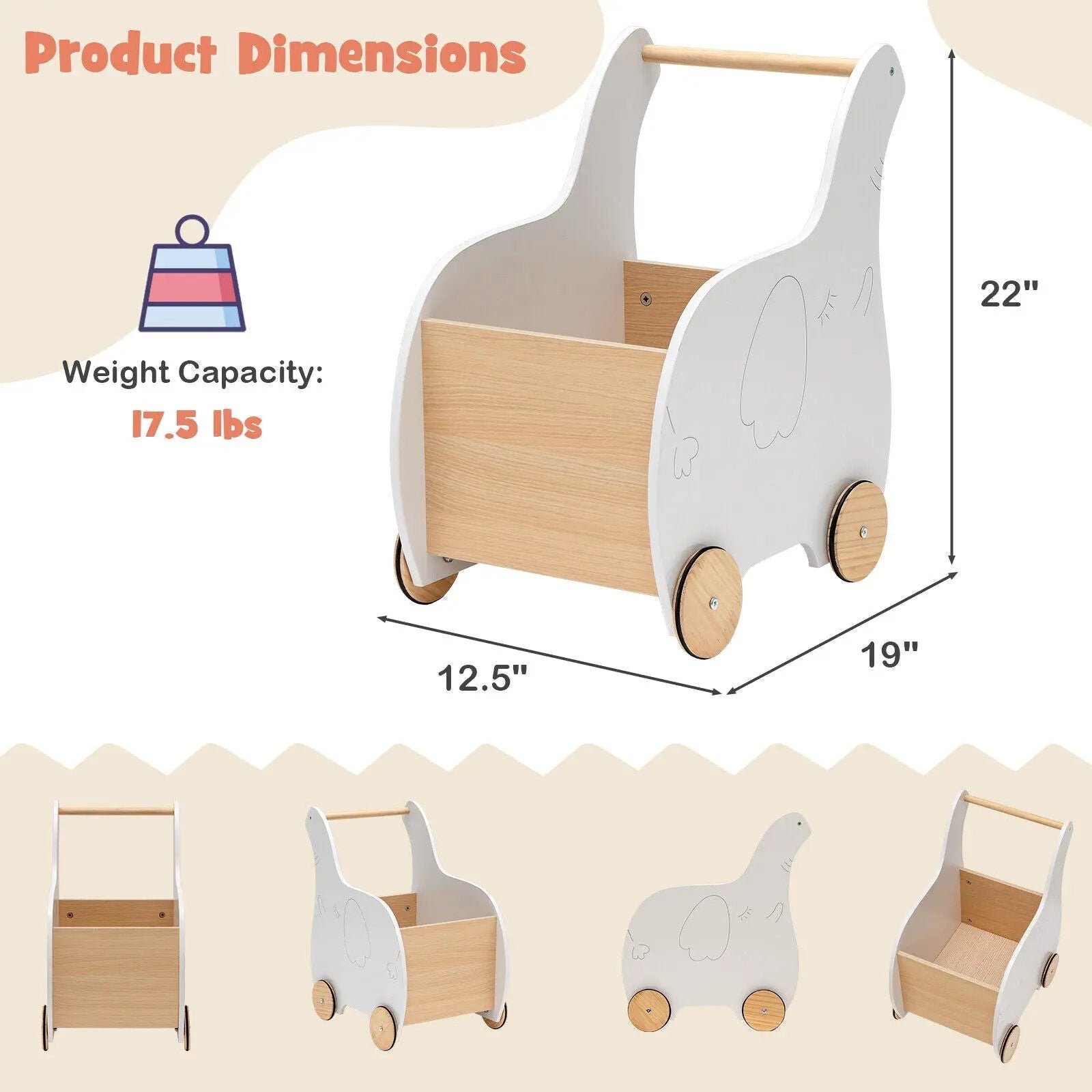 Kids Wooden Shopping Cart with Rubber Wheels by DirectDeals