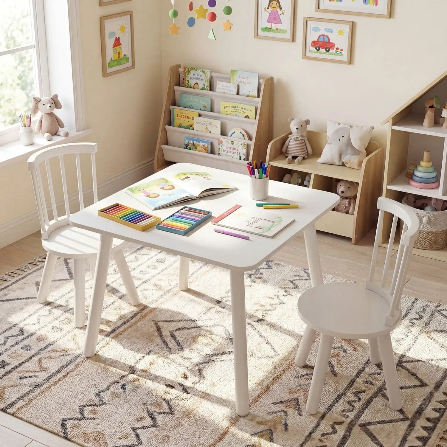 Kids Wooden Table and Chairs Set 3-Piece Toddler Furniture with Pine Wood Frame by DirectDeals