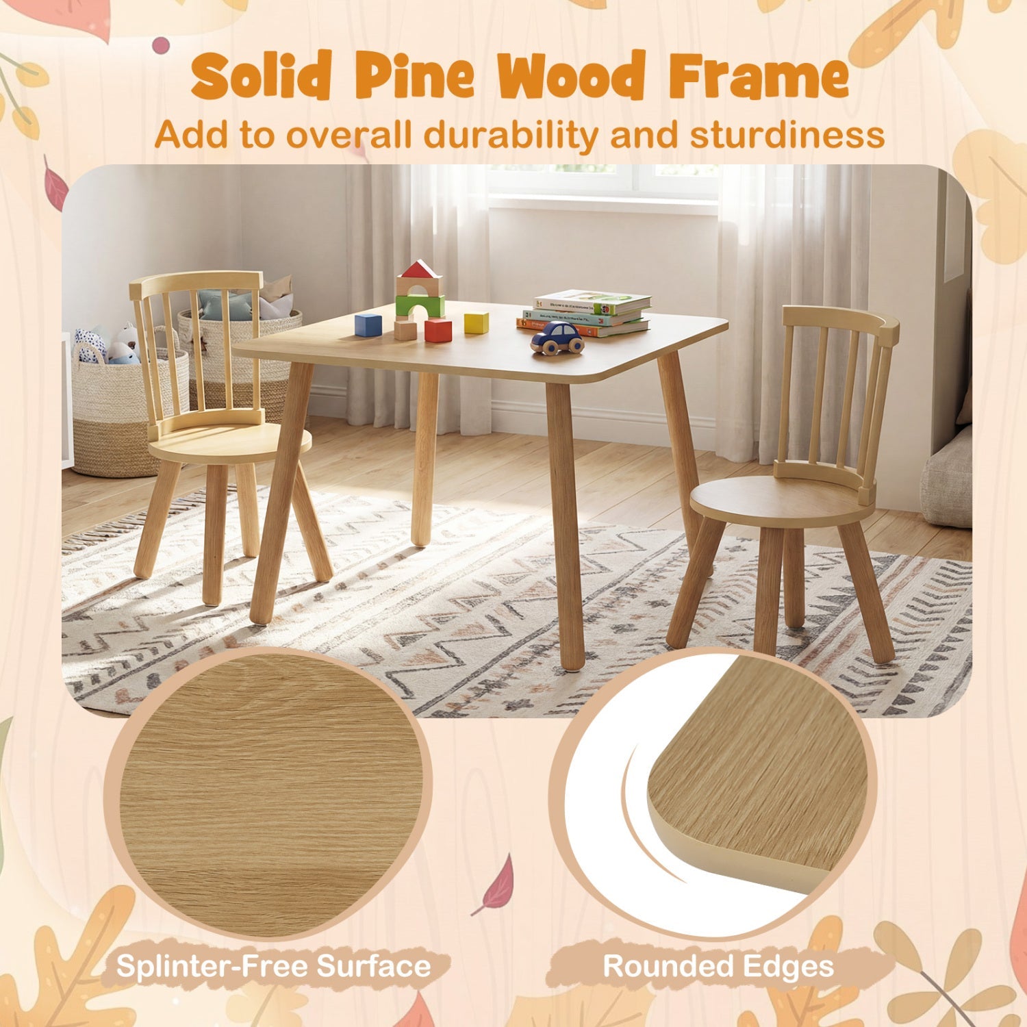 Kids Wooden Table and Chairs Set 3-Piece Toddler Furniture with Pine Wood Frame by DirectDeals
