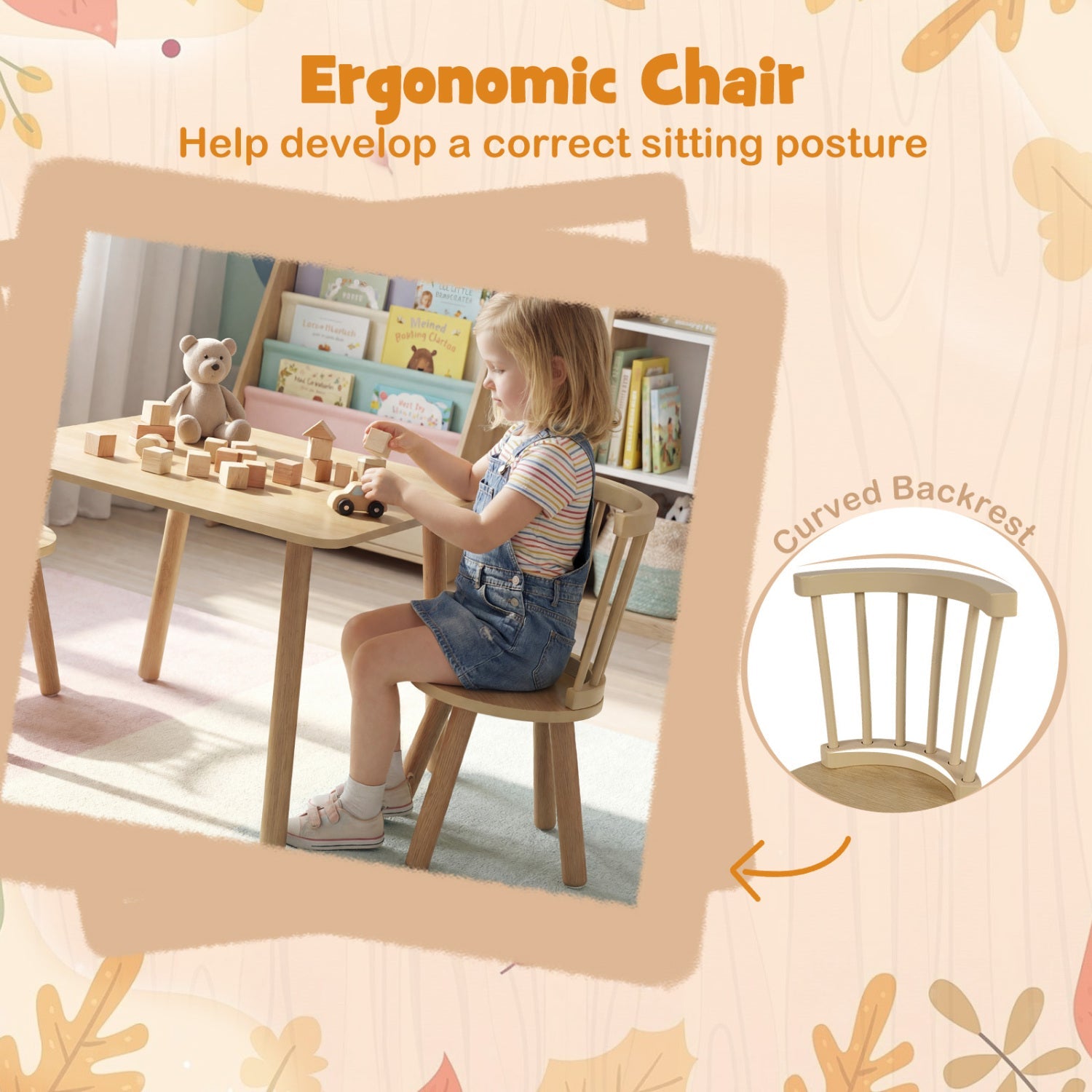 Kids Wooden Table and Chairs Set 3-Piece Toddler Furniture with Pine Wood Frame by DirectDeals