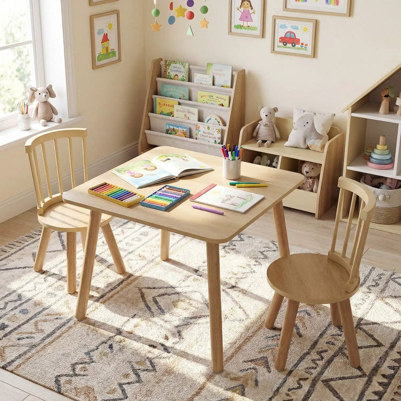 Kids Wooden Table and Chairs Set 3-Piece Toddler Furniture with Pine Wood Frame by DirectDeals