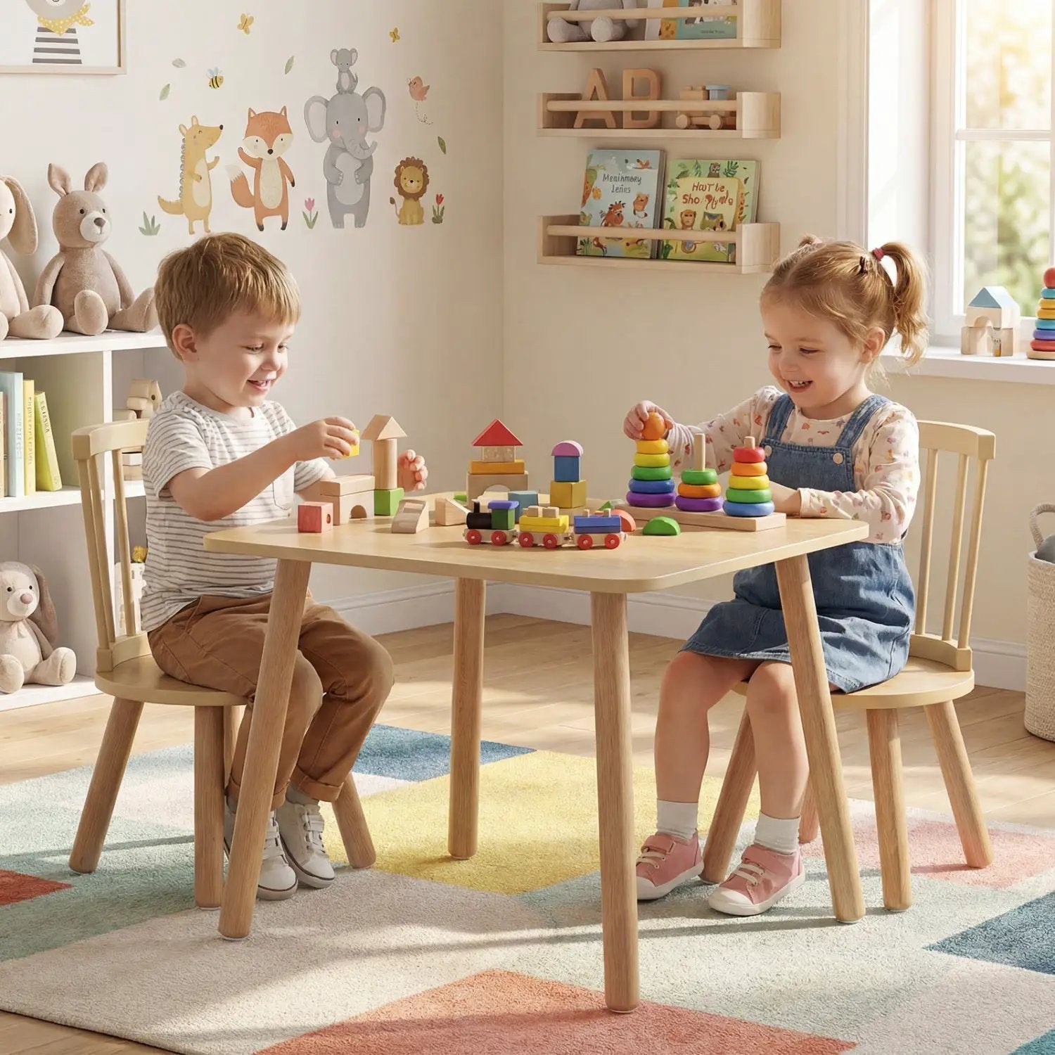 Kids Wooden Table and Chairs Set 3-Piece Toddler Furniture with Pine Wood Frame by DirectDeals