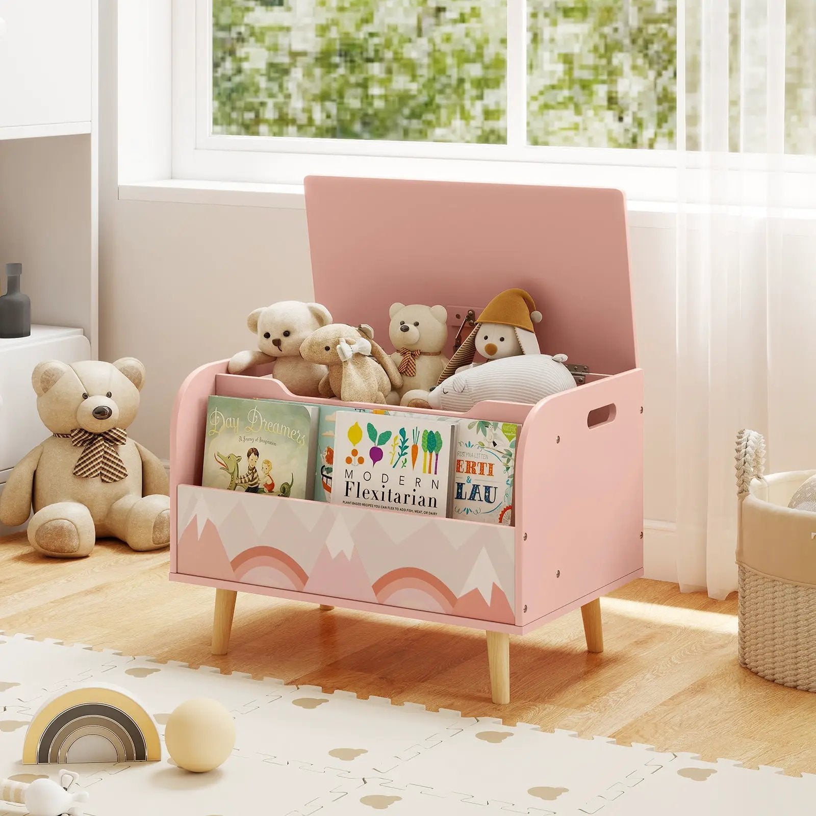 Kids Wooden Toy Box with Front Bookshelf and 4 Solid Wood Legs for Playroom by DirectDeals